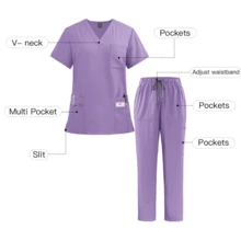 Fade Proof Scrub Set With V Neck Top And Straight Leg Pants Offering Nine Pockets And A Comfortable Fit - Màu xanh ngọc - Xem 9