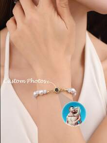 An Elegant Pearl Bead Custom Photo Bracelet Adorned With Diamond Accents - A Multi-Metal Tone Adjustable Piece Perfect For Mother's Day, Valentine's Day, Anniversaries, Or Birthday Surprises. Blends Bohemian, Minimalist, Vintage, And Urban Styles. - Valentine's Day Pet Lover Gift