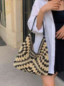 Dedoo Túi xách tay bằng rơm rỗng cỡ lớn kiểu dáng nghỉ dưỡng mùa xuân/hè, túi đeo vai dệt kiểu Bohemian, phong cách retro lãng mạn giản dị với họa tiết hình học chéo ba màu, tạo nên vẻ ngoài phong phú và nhiều lớp, tươi sáng và mềm mại, thích hợp cho du lịch, đi biển, dã ngoại mùa hè, mua sắm, làm quà tặng. - màu đen - Xem 4