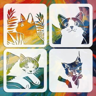4pcs Cute Cat Stencils - Reusable Craft Templates For Canvas, Paper, Fabric, Frames And Wall Decor - Inspirational Home Decor, Wolf Decor, Canvas Painting, Art Design, Durable Templates