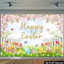 7x5ft Spring Easter Garden Photography Backdrop Green Grass Lawn Pink Floral Fence Background - Multicolor 3 - View 5