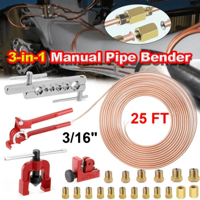 1pc 3-In-1 Manual Pipe Bender Kit, Silver/Red Metal, 3/16" Size + 25FT Copper Tube & Fittings, Ideal For US AC Repair, Plumbing Projects, Durable Aluminum Alloy Design, Multi-Tool Set For Pipe Bending & Installation Scenes