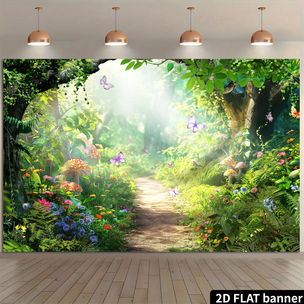 Lo sfondo in tessuto del regno segreto della giungla fantasy presenta una giungla verde chiara, farfalle e un sentiero pieno di fiori. Realizzato in