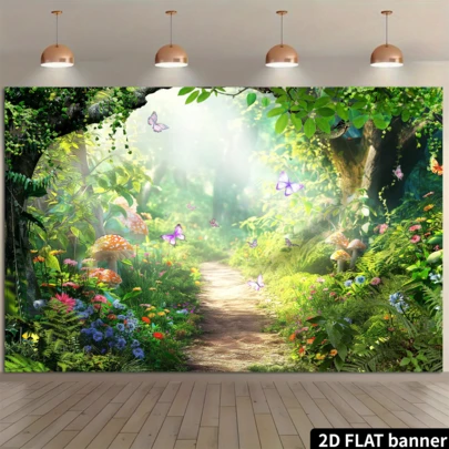 这款奇幻丛林秘境背景布以绿色灯光点缀的丛林、翩翩起舞的蝴蝶和鲜花盛开的小径为特色。它采用涤纶面料制成，无需电源。这款背景布适合童话主题派对，室内外均可使用。它可以作为墙面装饰或派对用品，是家庭聚会和儿童房布置的理想之选，能够营造梦幻自然的氛围。