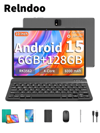 Relndoo 2025 Android Tablet PC With Keyboard, Android 15 OS, 2-In-1 Tablet PC, 10.1 Inch Tablet, Includes Mouse, Case, Stylus, Screen Protector, Data Cable, RK3562 Quad-Core 2.0GHz Processor, (6GB+20GB) RAM+128GB ROM, 2MP+8MP Dual Cameras, 1280*800 HD Touchscreen, 6000mAh Battery, Type-C Port, Supports 1TB SD Card Expansion, 802.11n 2.4G/5G WiFi, GPS, Great Gift (Adapter Not Included) - Green