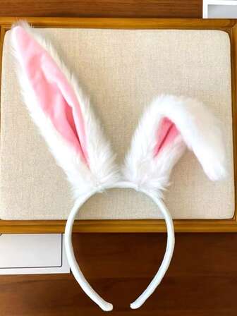 1 pieza Diadema blanca con orejas de conejo de peluche, accesorios de pelo con orejas de animal creativas, adecuadas para Halloween, festivales, fiestas, actuaciones, versátiles y elegantes para uso diario