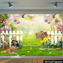 7x5ft Spring Easter Garden Photography Backdrop Green Grass Lawn Pink Floral Fence Background - Multicolor 1 - View 5