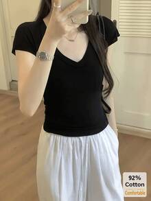 V-Neck Solid Color Slim Fit Short Sleeve T-Shirt Casual Black Summer - Black - View 1