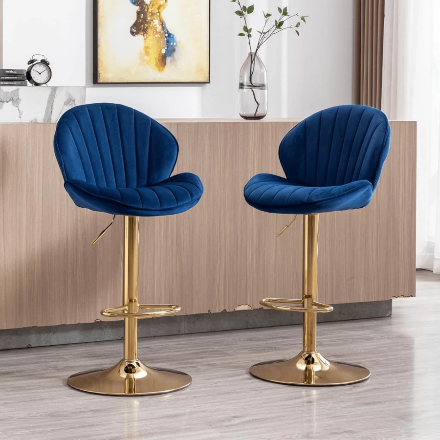 WAHSON OFFICE CHAIRS 2PCS Wahson Adjustable Velvet Bar Stool High Bar Chair Counter Stools With Gold Leg, Padded Gold Stool For Bar/Kitchen - 寶藍色 - 查看 1