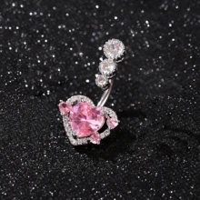 CIZME 1pc Sparkling Pink Heart Cubic Zirconia Belly Button Ring, Rhinestone Inlaid Navel Piercing, 14G Belly Rings Navel Rings,Romantic Valentine's Day Belly Piercing Jewelry