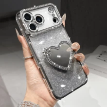 Luxury Shiny Rhinestone Lens Protect Plating Anti-Drop Case With Shiny Glitter Makeup Mirror Ring Holder Heart Bracket Phone Case Compatible With IPhone 17ProMax 17Pro 17 16Promax 15 14 Plus 13 12 Pro Max 11 17Air Galaxy OPPO HONOR REDMI NOTE INFINIX High Quality Shockproof Bumper Back Cover - Silver - View 6