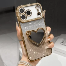 奢华亮片相机水钻化妆镜心形指环支架渐变亮片电镀手机壳,适用于 17 Pro Max Air 16 15 14 13 12 11 Pro Max XR X XS Max 8 7 6s Plus SE2 3,橙色、银色、粉色可选,带支架,适合女孩和女士使用。 - 金色 - 查看 4