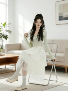 法式浪漫高腰层叠薄纱半身裙，2026 春季新款女装柔软美观百搭蓬松网纱半身裙 - 杏色 - 查看 3