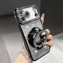 奢华亮片相机水钻指环支架渐变闪粉电镀手机壳,适用于 17 Pro Max Air 16 15 14 13 12 11 Pro Max X XS Max 6S 7 8 Plus SE2 3,橙色、银色、粉色支架手机壳,适合女孩和女士,国际版,非国内版 - 黑色 - 查看 10
