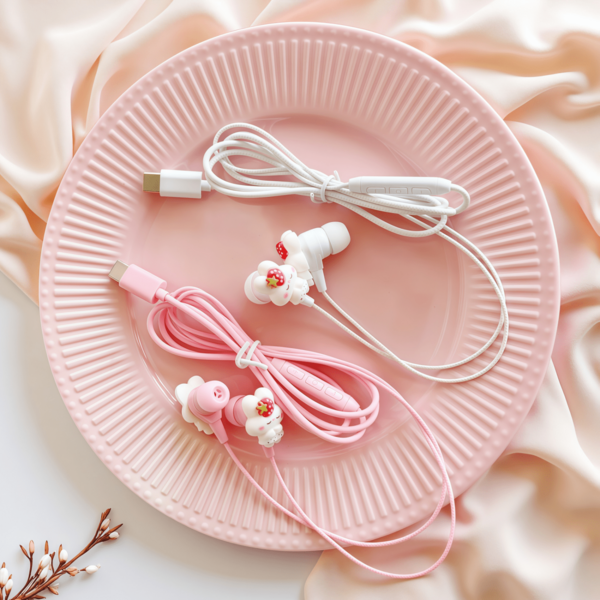 1 Piece Of Brand New Style Pink And White Digital Smart Optional, Fully Compatible With Type-C Optional Full In-Ear DIY Cute Bunny Jewelry Wired Headset, With Volume Adjustment Function, Built-In Microphone, High-Definition Call Mobile Phone Headset, Music Headset, Student Headset Compatible With Apple , Oppo, Vivo, Honor, Hua Wei,