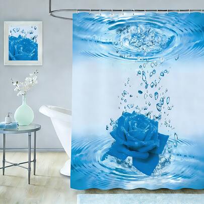 1 pieza,  Diseño de patrón de rosa azul,  cortina colgante de pared impermeable,  con 12 ganchos,  de tela de poliéster impermeable,  divisor decorativo de bañera, decoración moderna para el baño del hogar,  accesorios de baño,  con ojales en la parte superior,  adecuada para la decoración del baño de hotel y apartamento, accesorios de baño para el hogar, gran idea de regalo,   70inX70in,  de vuelta a la escuela.