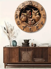 1pc Vintage Owl Wooden Round Wall Clock - 10-12 Inch Silent Non-Ticking Quartz Movement, Farmhouse Decor, Owl & Bird Nest Design, Ideal For Living Room, Bedroom, Cafe, Dining Room, Bar - Perfect Christmas Gift - Multicolor - View 4