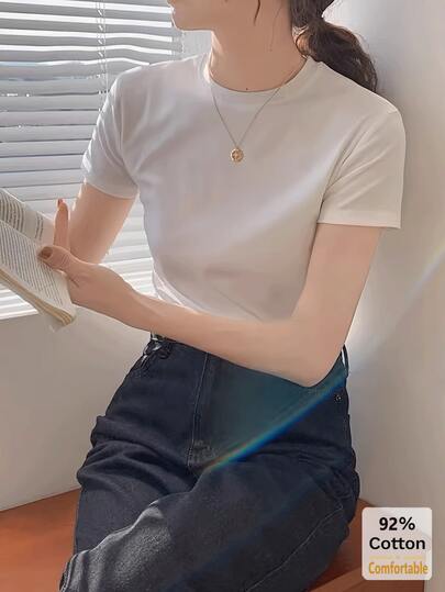 纯色短袖T恤，百搭休闲修身女式内搭，白色夏季款