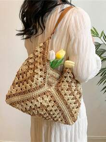 Dedoo Túi tote đan bằng rơm rỗng cỡ lớn kiểu dáng nghỉ dưỡng, túi đeo vai bện kiểu Bohemian, họa tiết hình học chéo ba màu lãng mạn cổ điển, thiết kế nhiều lớp phong phú về mặt thị giác, tươi sáng và mềm mại, thích hợp cho du lịch, bãi biển, dã ngoại mùa hè, mua sắm, làm quà tặng. - Màu Khaki - Xem 7