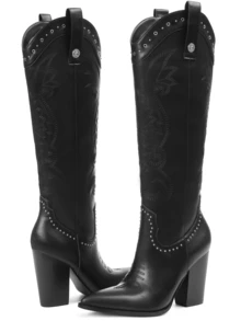 Knee High Cowboy Boots For Women Pointed Toe Chunky High Heels Embroidered Boots Western Boots Wide Calf Cowgirl Boots - Black PU - View 5