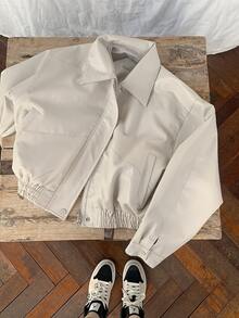 Women's Short Collared Shacket With Long Sleeves And Zipper Closure - Beige - View 3