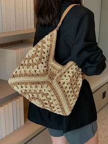Dedoo Túi tote đan bằng rơm rỗng cỡ lớn kiểu dáng nghỉ dưỡng, túi đeo vai bện kiểu Bohemian, họa tiết hình học chéo ba màu lãng mạn cổ điển, thiết kế nhiều lớp phong phú về mặt thị giác, tươi sáng và mềm mại, thích hợp cho du lịch, bãi biển, dã ngoại mùa hè, mua sắm, làm quà tặng. - Màu Khaki - Xem 8