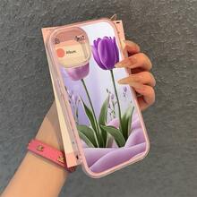 Phone Case: Purple-Pink Tulips Patterns Large Hole Transparent Backplate Dopamine Candy Colored Border Phone Case, Suitable For IPhone 16promax, 16 15pro 14 14 Plus/14 Pro Max 13 13 Pro 12Pro Promax Series.Anti-Drop And Stain-Resistant Soft Case,. - Hồng - Xem 2