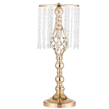 2件金色中心装饰品，桌面高水晶花架，婚礼路边引导花架，水晶吊灯金属材质，适用于接待桌用品