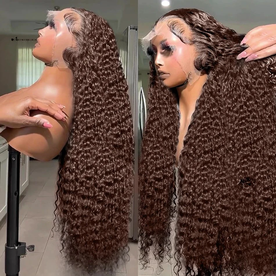 Chocolate Brown Jerry Curly Lace Front Wigs Human Hair 250 Density 13x4 HD Lace Frontal Wigs Kinky Curly Human Hair Wig For Women Pre Plucked With Baby Hair Natural Hairline 4# Brown Color