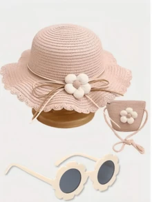 3pcs/Set Kids Summer Sun Hat, Bag & Sunglasses Set, Girls Beach Straw Hat, Woven Sun Hat - 3pcs - View 4