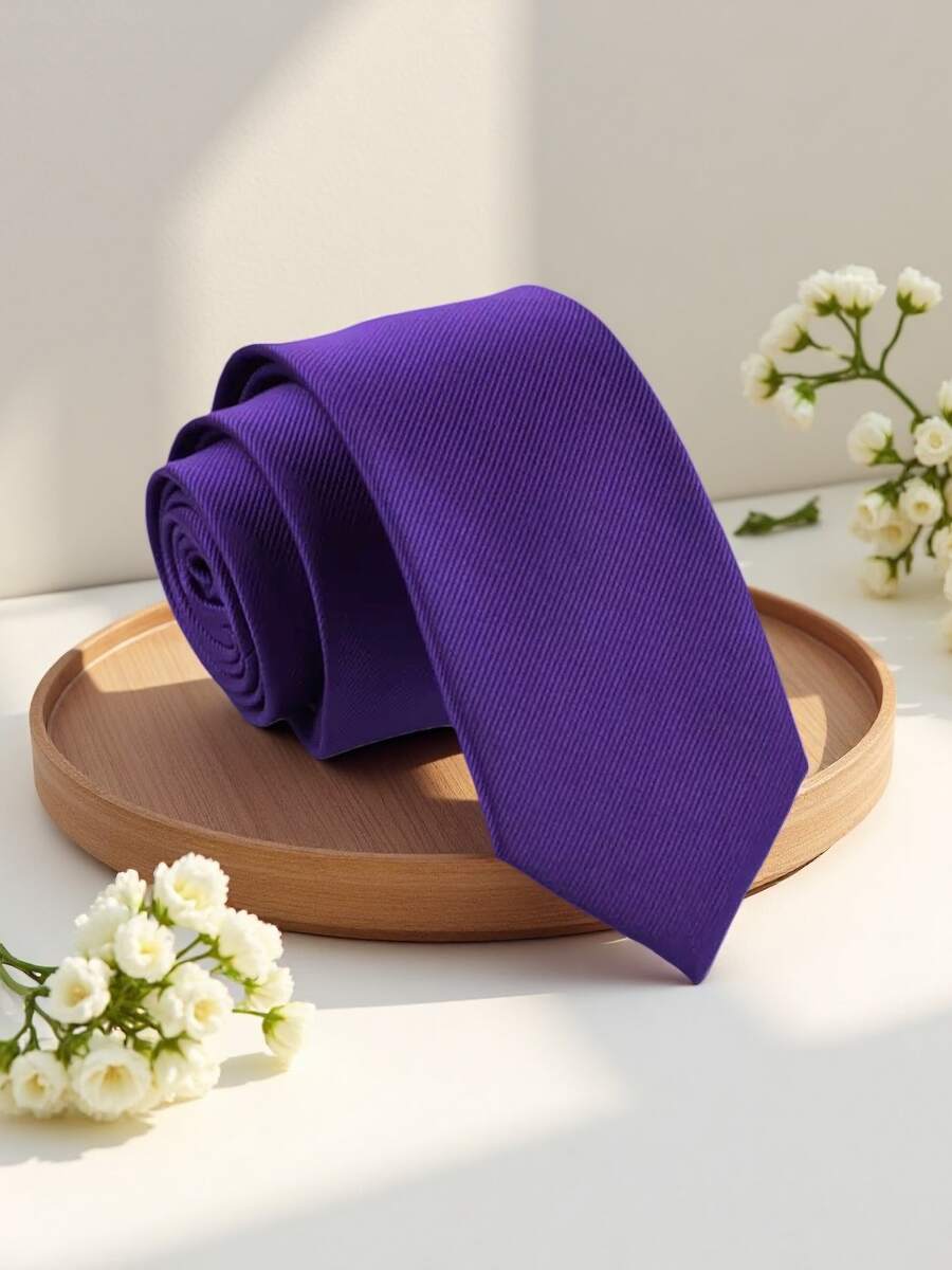 1pc Men's Solid Light Pink Thin Stripe Textured Casual Necktie, Suitable For School, Suit, Commute, Daily Wear - Purple - View 1