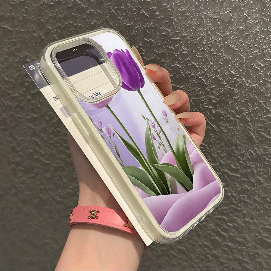 Phone Case: Purple-Pink Tulips Patterns Large Hole Transparent Backplate Dopamine Candy Colored Border Phone Case, Suitable For IPhone 16promax, 16 15pro 14 14 Plus/14 Pro Max 13 13 Pro 12Pro Promax Series.Anti-Drop And Stain-Resistant Soft Case,. - Hồng - Xem 1