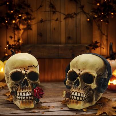 1 adet Reçine Korku Kafatası Heykeli, Gül Çiçeği ve Kulaklık Tasarımlı Masa Dekoru, Cadılar Bayramı Dekorasyonu ve Tatil Hediyesi İçin Mükemmel, Çeşitli Oda Tiplerine Uygun
