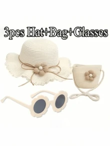 3pcs/Set Kids Summer Sun Hat, Bag & Sunglasses Set, Girls Beach Straw Hat, Woven Sun Hat - 3pcs - View 14