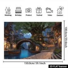 这款奇幻树屋小镇背景布以古老的树屋建筑、石拱桥、运河码头以及灯光温暖的街道和小巷为特色。它采用二维平面设计,材质为涤纶。 - 彩色 - 查看 6