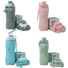 600毫升可折叠硅胶水杯 - 便携式水杯，带盖和挂环，可拆卸吸嘴方便清洗，轻便可重复使用，适合旅行、徒步、运动 - （绿色、粉色、灰色、蓝色） - 耐用设计 - 彩色 - 查看 9