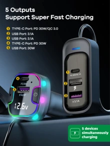 REMAX Car Charger With Voltage Display; 5 Ports Car Adapter; 120W Total Output,3 USB C Output & 2 Type-C Output;Support Super Fast Charging;Ambient Light Effect;1,5m Extension Charging Cable;Anti-Shock;Multiple Charging Protections;Car Accessories Widely Compatible With IPH/Android Phones,Etc.,Essential Car Stuff For Travel ﻿ - YQ8 - 查看 2