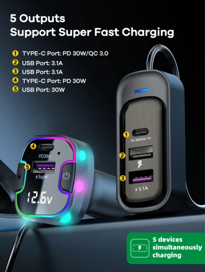 REMAX Car Charger With Voltage Display; 5 Ports Car Adapter; 120W Total Output,3 USB C Output & 2 Type-C Output;Support Super Fast Charging;Ambient Light Effect;1,5m Extension Charging Cable;Anti-Shock;Multiple Charging Protections;Car Accessories Widely Compatible With IPH/Android Phones,Etc.,Essential Car Stuff For Travel ﻿
