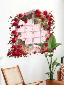 3D Rose Flower Window Wall Sticker Set, Removable Romantic Floral Wall Decals For Living Room, Bedroom, Study - Red - View 5