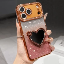 奢华闪亮亮片相机水钻化妆镜心形戒指托渐变亮片电镀手机壳，兼容 17 Pro Max Air 16 15 14 13 12 11 Pro Max XR X XS Max 8 7 6s Plus SE2 3，女孩和女士橙色银色粉色支架手机壳 - 橘色 - 查看 3