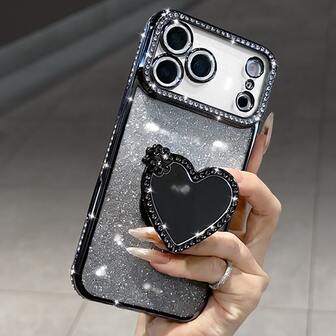 Lyxigt glänsande strass-linsskyddande plätering, fallskyddande skal med glänsande glitter, sminkspegelring, hjärtformad hållare, fäste, telefonskal kompatibelt med 17ProMax 17Pro 17 16Promax 15 14 Plus 13 12 Pro Max 11 17Air Galaxy OPPO HONOR REDMI NOTE INFINIX högkvalitativt stötsäkert bakstycke