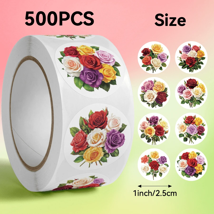 500张/卷 玫瑰花图案贴纸,适合装饰小礼物。DIY装饰贴纸。父亲节快乐!可用于装饰小礼物、包装袋、杯子、文具以及其他您喜欢的物品。 - 彩色 - 查看 1