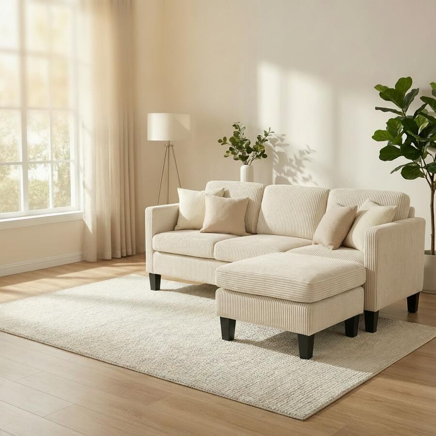 L-Shaped Corduroy Sofa 4-Seat - Grey Modern Luxury Sectional Couch With Memory Foam Padding, Ideal For Living Rooms & Small Apartments (Easy Assembly) - Màu be - Xem 1