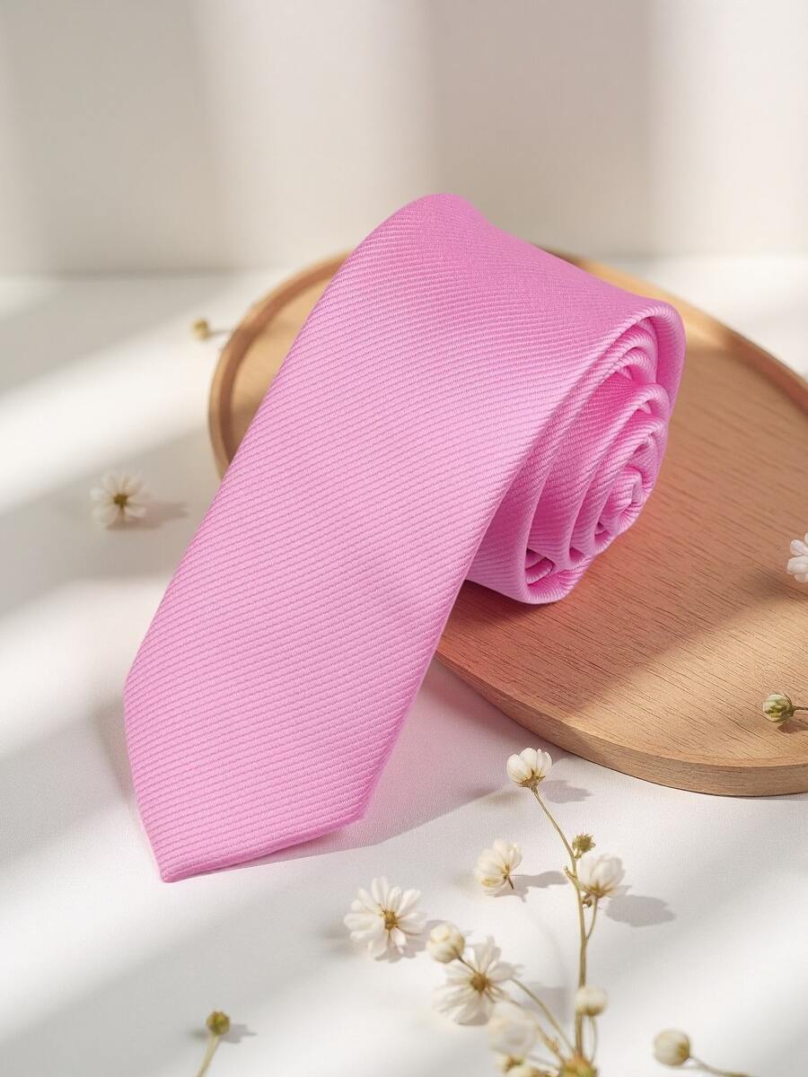 1 chiếc cà vạt nam màu hồng nhạt trơn, họa tiết sọc mỏng, thích hợp cho học sinh, mặc vest, đi làm và mặc hàng ngày. - Hồng - Xem 1