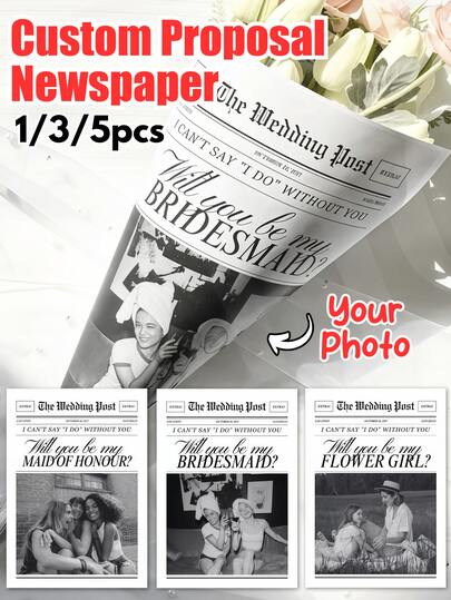 1/3/5 Pcs Customized Newspaper Bridesmaid Invitation Cards, Personalized Photo Cards, Bridesmaid Commemorative Cards, Black And White Photo Labels, Back To School Supplies, Housewarming Gifts, Fashionable Design, Thank You Cards, Gifts For Best Friends, Gifts For Boyfriends, Customized Newspaper Printing, Newspaper Graduation Gift Bouquet Packaging, Suitable For Graduates, University Graduation Gifts