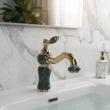 1件复古宫廷风格哑光绿色大理石纹浴室水槽龙头，双把手奢华金色冷热水混合龙头，适用于台盆 - 玉石款 - 查看 6