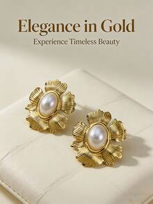 Perlen-blattförmige Ohrringe - Erklärung Cluster für Frauen. Perlenohrringe, vergoldete Ohrringe. Hochzeit, Tanzparty, Geburtstag. Mode-Schmuckgeschenk. Dicke goldblumenförmige Ohrringe. Elegante perlenthematische Brautjungfernohrringe. Mütterliche Hochzeitsanhänger-Ohrringe. Große modische Retro-Hochzeitsjuwelen, Valentinstag-Geschenk. - Verschiedenfarbig - Übersicht 3