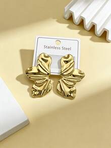 1 Pair Gold Statement Earrings, Women's Gold Fixed Leaf Shell Angel Wing Earrings, Large Hypoallergenic Earrings, Women's Gold Leaf Shaped Earrings, Women's/Girl's Gold Earrings, Geometric Textured Earrings, Gold Plated Teardrop Earrings, Vintage Leaf Shaped Earrings - Multicolor - View 4