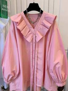 Women's Loose Solid Color Blouse Pink Vacation - Pink - View 4