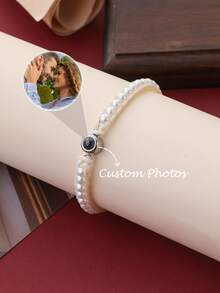 White Woven Faux Pearl Custom Photo Bracelet - A Simple, Elegant, Adjustable Piece Of Jewelry That Makes The Perfect Surprise Gift For Mother's Day, Valentine's Day, Birthdays, Or Anniversaries. Blending Bohemian, Minimalist, Vintage, And Urban Styles - An Ideal Valentine's Gift For Pet Lovers - Multicolor - View 4